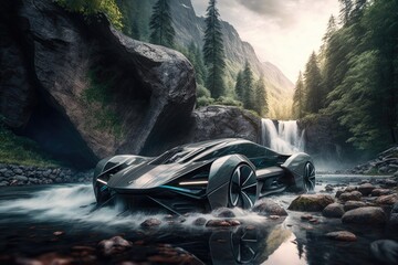 Canvas Print - futuristic car drives past rushing river in stunning natural setting, created with generative ai