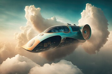 Sticker - futuristic car flying through the air surrounded by clouds, showing off its advanced technology, created with generative ai