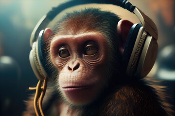 Poster - close-up of funny monkey with headphones, wistful expression on its face, created with generative ai