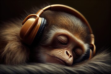 Poster - close-up of funny monkey's face, with headphones on and eyes half-closed in peaceful slumber, created with generative ai