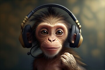 Poster - close-up of funny monkey, with headphones in ears and eyes closed, listening to music, created with generative ai