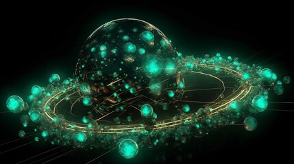 Abstract spheres complex system nodes glow sphere data flows layers particles connection future green black