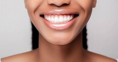 Wall Mural - perfect white teeth close up African American black girl, female toothy veneer smile, tooth whitening, dental care and stomatology, dentistry, generative ai.