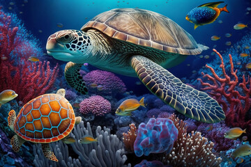  green sea turtle swimming and Fishs and Animals of the underwater sea world. Ecosystem. Colorful tropical fish. Life in the coral reef. (ai generated).