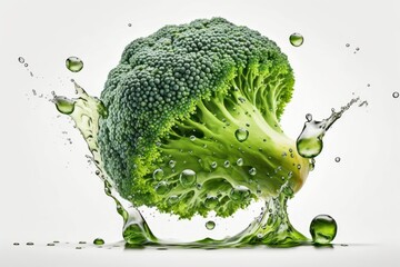 Wall Mural - Close-up of broccoli splattered with water drops on white background (Generative AI)