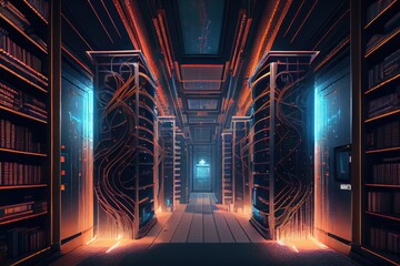 Wall Mural - high-tech library data center with immersive virtual reality technology, including holographic displays and simulated environments, created with generative ai