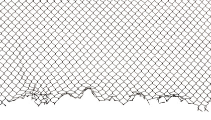 The texture of the metal mesh. Torn, destroyed, broken metal mesh on a white background