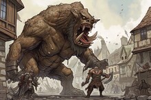 A Giant Creature Attacking A Medieval Town With Its Brute Strength 