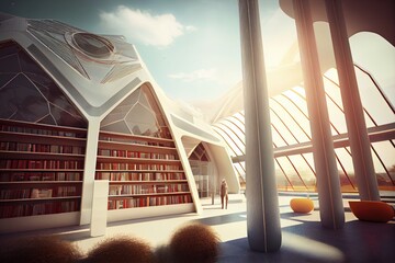 Sticker - futuristic library with data center featuring geothermal heating and cooling, solar panels, and sustainable materials, created with generative ai