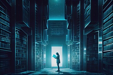 Canvas Print - person, searching for the perfect book, in futuristic library data center, created with generative ai