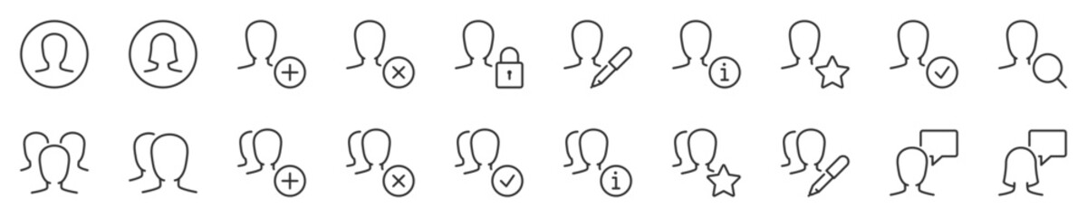 User interface and avatars thin line icon set. Symbol collection in transparent background. Editable vector stroke. 512x512 Pixel Perfect.