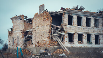 Cities and villages affected by the war. Russian invasion of Ukraine. Destroyed houses.