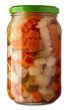 A mixture of chopped pickled vegetables in a glass jar, in Italian called giardiniera: an ingredient for Russian salad. Isolated