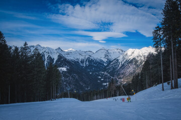 Ski Resort Folgarida - Marilleva in the Val di Sole and Brenta Dolomites, view from Monte Vigo, Pinzolo, Trento Autonomous Province. Trentino Region, Upper Adige, Italy. January 2023