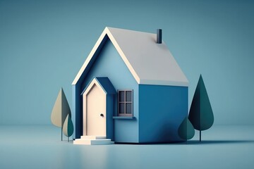 Wall Mural - 3d rendering of a blue house in the middle of the forest