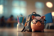 Savings Piggy Bank with Backpack on a Table with Pens