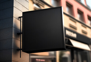 Wall Mural - Black square signboard mockup in outside for logo design, brand presentation for companies, ad, advertising, shops.