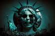 Creepy Statue of Liberty and world in chaos and terror (created with Generative AI)