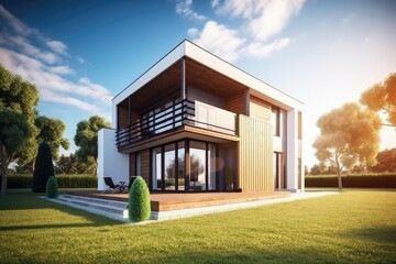 Wall Mural - Very modern house with garden in front. Sunny day. Green lawn and trees. High quality generative AI