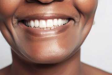 Wall Mural -  perfect smile white teeth close up elderly African American black woman, female toothy veneer smile, tooth whitening, dental care old people and stomatology, dentistry, generative ai.