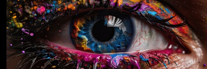 Wall Mural - Human eye close up with colorful paint , ink splashes and drips, Generative AI