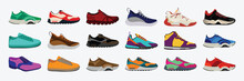 Collection Of Realistic Sneakers Of Different Types. Sports Shoes In Detailed Style.
