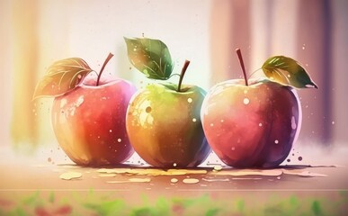 Wall Mural - Drawn apples watercolor fruit organic food illustrations Generative AI