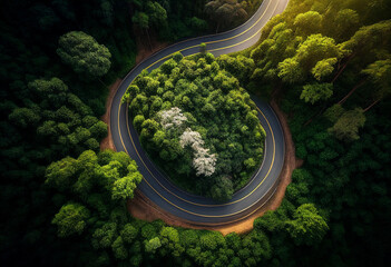 Road in the forest up to mountain. AI generated illustration