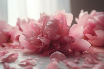  a bunch of pink flowers on a white table top with petals scattered around it and a window in the background with white curtains and a drape.  generative ai