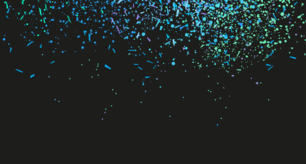 Colorful confetti on dark background. Bright explosion on black. Texture with different glitters. Abstract pattern for work. Print for banners, posters and flyers. Doodle for design and business