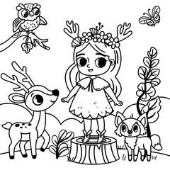 Wall Mural - Cartoon forest girl and animals. Black and white vector illustration.
