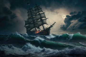 Old sail ship braving the waves of a wild stormy sea at night with full moon. Generative AI.