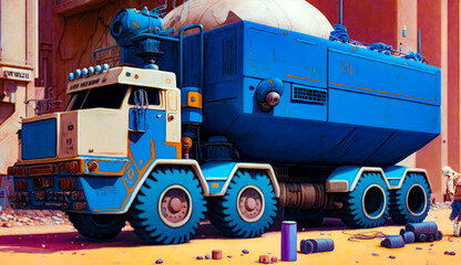 Painting of large blue truck parked in front of building. Generative AI.