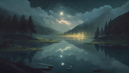 Wall Mural - a beautiful anime landscape illustration at night, wonderful lake with a lot of trees and a small moon, generative ai technology