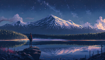 Wall Mural - a beautiful japan inspired anime landscape illustration, mountain with snow at the lake, lonely man standing there, generative ai technology
