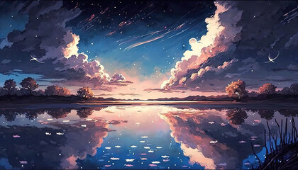 Wall Mural - a beautiful dreamy anime landscape at a lake with big clouds, fairytale style, generative ai technology