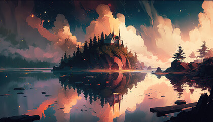 Wall Mural - an impressive epic illustration of a lake at sunset, amazing colors in an anime manga style, generative ai technology