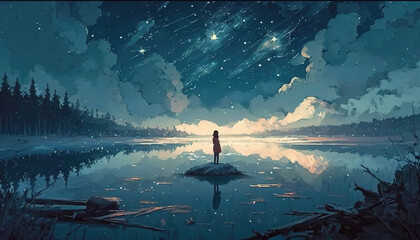 Wall Mural - standing alone in the middle of a beautiful lake, wonderful fairytale sky, anime manga artwork, generative ai technology