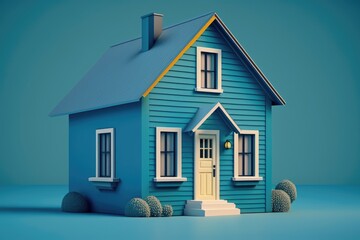 Wall Mural - Blue house with wooden door on blue background