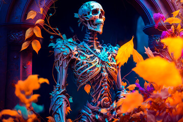 Wall Mural - Skeleton standing in doorway surrounded by flowers. Generative AI.