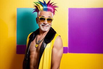 Portrait of an elderly caucasian man with bright mohawk-colored hair and sunglasses on the background of an abstract painting, summer brightness. Generative AI.