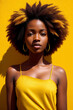 © soleg - Portrait of an young african american woman on abstract yellow background, summer vibrancy. Generative AI.