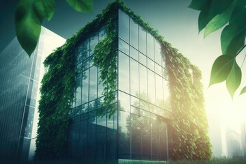 Wall Mural - Green office building in a modern metropolis. Glass building with green tree branches and leaves to reduce carbon dioxide. Concept. Generative AI