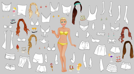 Wall Mural - Spring Break Coloring Page Paper Doll with Swimsuits, Beachwear, Hairstyles and Accessories. Vector Illustration