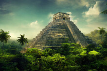 Mayan Pyramid In Jungle Forest Illustration, Ancient Civilization Stone Temple View, Old Archeology Monument In Mexico, Architecture Tourism Landmark, Generative AI