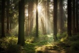 Fototapeta Las - Sun rays in the forest