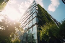 Green Office Building In A Modern Metropolis. Glass Building With Green Tree Branches And Leaves To Reduce Carbon Dioxide. Concept. Generative AI