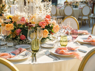 Wall Mural - Wedding banquet concept. Chairs and round table for guests, served with cutler and, flowers and crockery and covered with a tablecloth