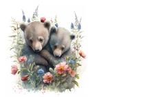 Bears In Flowers. Two Bears Are Hugging In Flowers. Watercola. Banner. White Background. Generated By AI