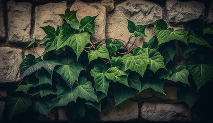 Sticker - Leafy growth on old brick wall in summer generated by AI